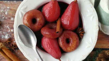 POACHED PEAR AND HOT WINE DONUTS